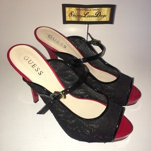 LIKE NEW! “GUESS” Lace Black & Red Peep Toe Heels!